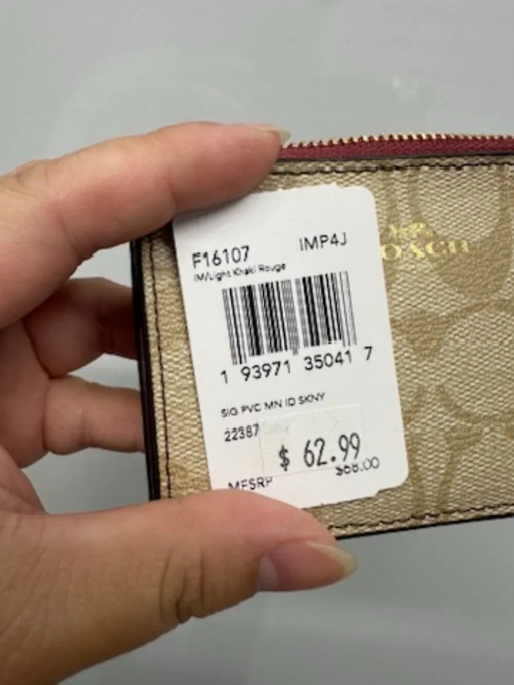NWT! RARE! Coach F16107 Women Signature Mini Skinny ID Case In Light Khaki Rouge
